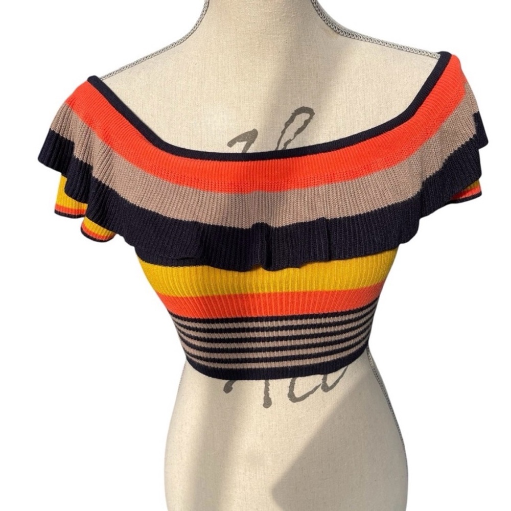 Kimchi Blue Riley Stiped Ruffle Off Shoulder Crop Sweater Top (M) - Picture 5 of 11
